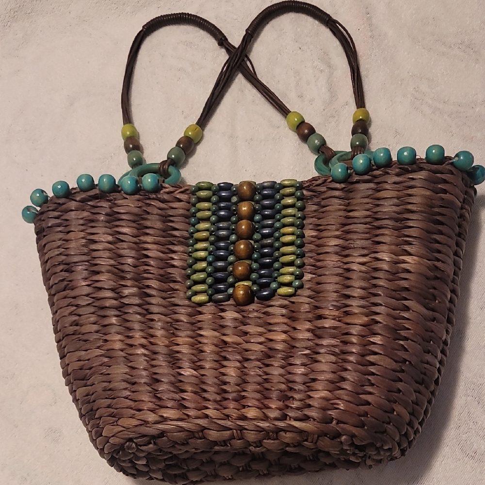 Sun N Sand  Woven Tote Bag with Beaded Accents